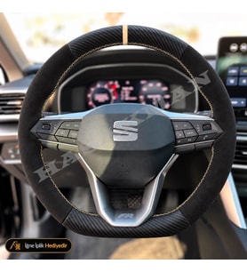 Seat Leon Mk4 Dikme Direksiyon Kılıfı Alcantara Süet Mat Karbon Bej Yüzük ve Dikiş FR-Style Plus 2020-2026