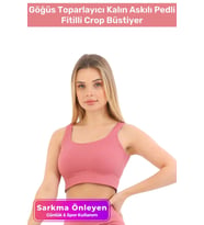Özel Üretim Göğüs Toparlayıcı Sarkma Önleyen Spor Günlük Kalın Askılı Pedli Fitilli Crop Büstiyer (Pembe)