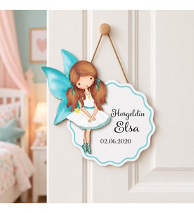 Gifties Mavi Kanatlı Güzel Kız Temalı Kişiye Özel Kapı Süsü