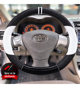 Toyota Allex Dikme Direksiyon Kılıfı Delikli Deri Parlak Siyah Beyaz Detay Çift Yüzük ve Dikiş 2004-2006