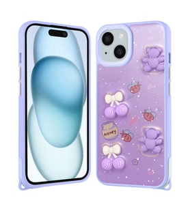 Lexroo iPhone 14 Kılıf Parlayan Simli Kabartma Figürlü Cevze Kılıf - Mor Ayı