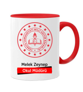 Okul Müdürü Temalı Sapı Ve İçi Kırmızı  Kupa Bardak (Kırmızı-Beyaz)