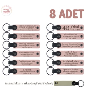 Kurumsal Eğitimcilere Teşekkür Hediyesi, 8'li Set, Kişiye Özel Yazılı Anahtarlık, Pudra & S Kahve