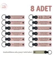 Kurumsal Eğitimcilere Teşekkür Hediyesi, 8'li Set, Kişiye Özel Yazılı Anahtarlık, Pudra & S Kahve