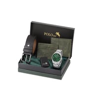 Polo Air Klasik Metal Kordon Erkek Kol Saati Cüzdan Kemer Kartlık Çakmaklı Set Kombini Gümüş Yeşil Renk PL-7087E5
