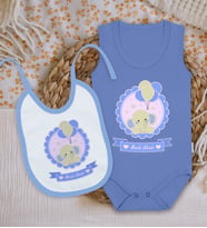 BK Kids Kişiye Özel İsimli Mavi %100 Pamuklu Askılı Sıfır Kol Bebek Body Zıbın ve Mama Önlüğü Hediye Seti-8
