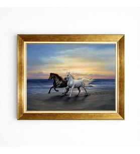 Tablore Altın Çerçeveli Koşan Atlar Kanvas Tablo Sahil Ve Deniz Manzaralı Duvar Dekorasyonu
