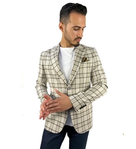 Ekru Renk Ekose Blazer Tek Ceket Sivri Yaka Regular Fit  Agustini