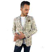 Ekru Renk Ekose Blazer Tek Ceket Sivri Yaka Regular Fit  Agustini