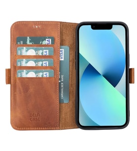 Apple iPhone 13 Uyumlu Deri Cüzdanlı Kılıf Karamel