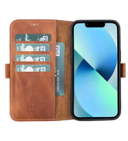 Apple iPhone 13 Uyumlu Deri Cüzdanlı Kılıf Karamel