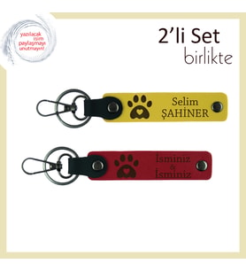 Evcil Hayvan Sahibi Aile Bireylerine Sevimli Hatıra Kalpli Pati Desenli Anahtarlık Set, Sarı-Kırmızı