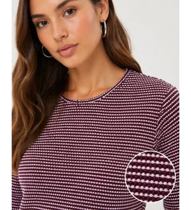 Dokulu Çizgili Uzun Kollu Tişört Oval Kesim Basic Rahat Kalıp Bluz - Bordo