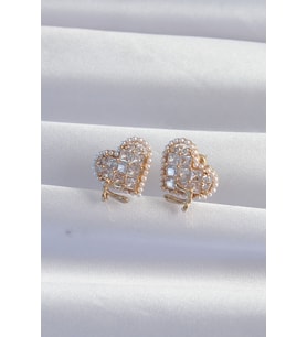 Pirinç Gold Renk Fiyonk Detay İncili Zirkon Taşlı Kalp Küpe 5886 - SSSSSS6176-8739
