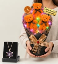 Kişiye Özel Renkli Led Işıklı Turuncu Peluş Ayıcık Buketi ve Gerçek Ametist Taşlı Lotus Kolye