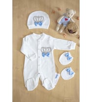 Erkek Bebek Mavi Papyonlu Kral Taşlı Süslü Tulum Seti 0-3 Ay STL6369  (Beyaz-Mavi)
