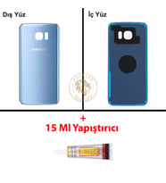 Samsung Galaxy S7 Edge Mavi Renk Arka Kapak + B7000 Yapıştırıcı Arka Cam Batarya Kapağı Pil Kapağı Lazer Kesim Back Cover Galaxy S7 Edge Uyumlu