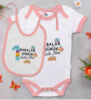 BK Kids İlk Babalar Günü Tasarımlı Pembe Bebek Body Zıbın ve Mama Önlüğü Hediye Seti-2