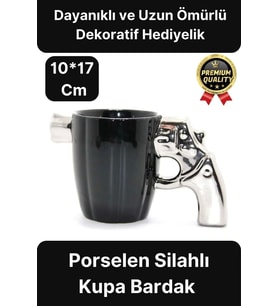Özel Tasarım Dekoratif Hediyelik Porselen Siyah Silah Görünümlü Gümüş Tutacaklı Kupa Bardak 10*17 Cm