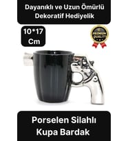 Özel Tasarım Dekoratif Hediyelik Porselen Siyah Silah Görünümlü Gümüş Tutacaklı Kupa Bardak 10*17 Cm