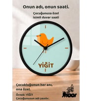 İsme Özel Turuncu Kuş Figürlü Çocuk Odası Duvar Saati Orta Boy 30 cm Siyah Camlı Sessiz