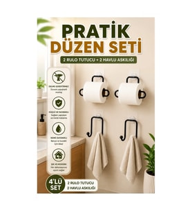 Yapışkanlı Duvar Tipi Rulo Kağıt Tutucu ve Havlu Askısı – 2+2 Parça 4’lü Set