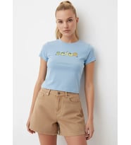 26025 %100 Pamuk Desenli Crop Boy Bisiklet Yaka Örme Bluz (Bebe Mavi)