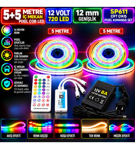 10M 12V 12mm 720 Ledli İç Mekan Pixel Cob Led 8A Laptop Adaptör SP611 Çift Çıkışlı Pixel Kumandalı S