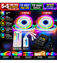 10M 12V 12mm 720 Ledli İç Mekan Pixel Cob Led 8A Laptop Adaptör SP611 Çift Çıkışlı Pixel Kumandalı S