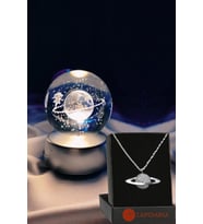Satürn Temalı Işıklı 3D Led Işıklı Cam Küre ve Satürn Kolye