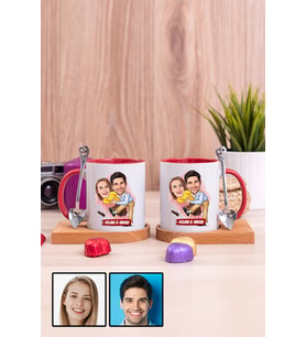 Sevgililere Komik Hediye Dans Eden Çiftler Karikatürlü İkili Ahşap Altlıklı Kırmızı Kupa Bardak