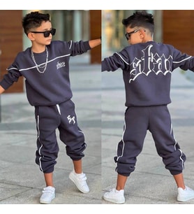 Erkek Çocuk 3 iplik Şardonlu Alt Üst Eşofman Takımı-431131-Füme