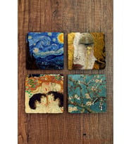 Doğal Taş Bardak Altlığı 4'lü Set 10x10x1 cm Gustav klimt ve Van Gogh Eserleri- Stone Coasters