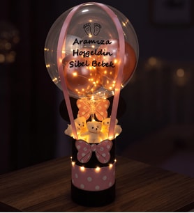 Kişiye Özel İsimli Led Işıklı Balon Ayıcık Kutusu - Minnie Konseptli Bebek Hediyesi