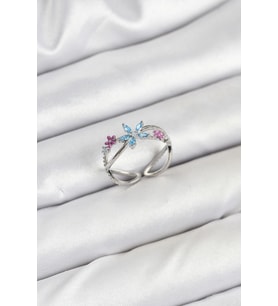 pilelistore Pirinç Gümüş Renk Zirkon Taşlı Mavi Çiçekli Kadın Yüzük - TJ-BYK3835