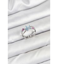 pilelistore Pirinç Gümüş Renk Zirkon Taşlı Mavi Çiçekli Kadın Yüzük - TJ-BYK3835
