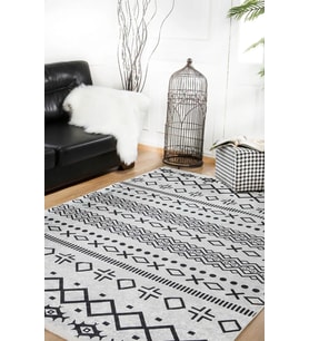Dijital Baskı Salon Halısı Açık Gri Siyah Etnik Geometrik Desenli Koridor Modern