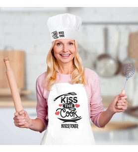 Kişiye Özel Kiss The Cook Şapkalı Mutfak Önlüğü