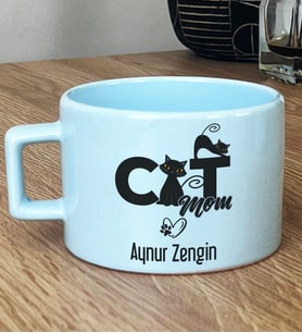 Kişiye Özel Cat Mom Hediye Pastel Fincan Kedi Annesi -5- (Mavi)