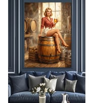 Bira Fıçısında Pin-Up Kadın Dekoratif Kanvas - Mdf Ahşap Tablo