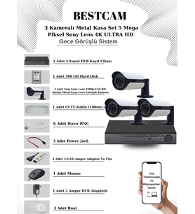 BESTCAM 3 Kameralı Metal Kasa Set 5 Mega Piksel Sony Lensli 4K Ultra HD Gece Görüşlü Sistem 500 GB Hard disk