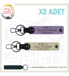 Motorcu İçin, İsim Plaka ve A Rh (-) Kan Grubu Yazılı Hediye x2' li Anahtarlıklar, Mor-S Kahve-Laci