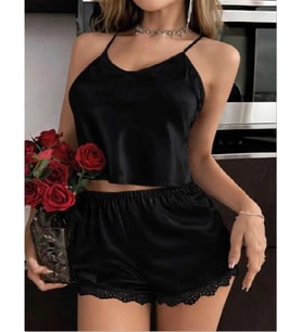 Amora Secret Siyah İnce Askılı Dantel İşlemeli Saten Şortlu Takım