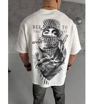 Unisex Baskılı Oversize T-Shirt - Beyaz
