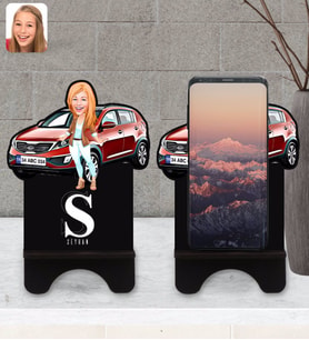 BK Gift Kişiye Özel Plakalı Kadın Kia Sportage Karikatürlü Ahşap Biblo Telefon Standı-1