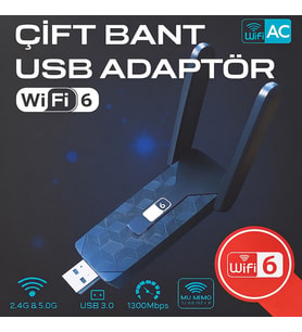 WiFi 6 Çift Bant USB Adaptör – 2.4G/5G – Yüksek Hızlı Kablosuz Ağ Alıcısı, USB 3.0 WiFi 6 Kablosuz Adaptör – PC ve Laptop İçin 1800Mbps Dual Band Ağ Kartı, Çift Antenli WiFi 6 USB Adaptör – MU-MIMO Destekli Yüksek Çekim Gücü WLAN Alıcısı