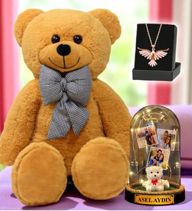 Büyük Boy Kahverengi Peluş Ayıcık, Size Özel Led Işıklı Fanus ve Zümrüdü Anka Kuşu Kolye (Model 3)