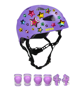 Lila Çocuk Kaskı Spor Yıldızlar ve Harfler Stickerlı Koruyucu Kask Lila Dizlik Dirseklik Seti