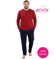 Seamlife Erkek Büyük Beden Bisiklet Yaka 3 Düğmeli Mevsimlik Uzun Kol Pijama Takımı (Kırmızı)