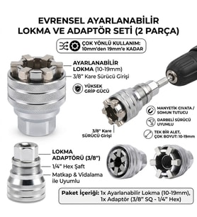 2 Parça Evrensel Ayarlanabilir Lokma Anahtar Seti 10-19 Mm 3/8'' Matkap Adaptörlü Somun Sökme Aparat